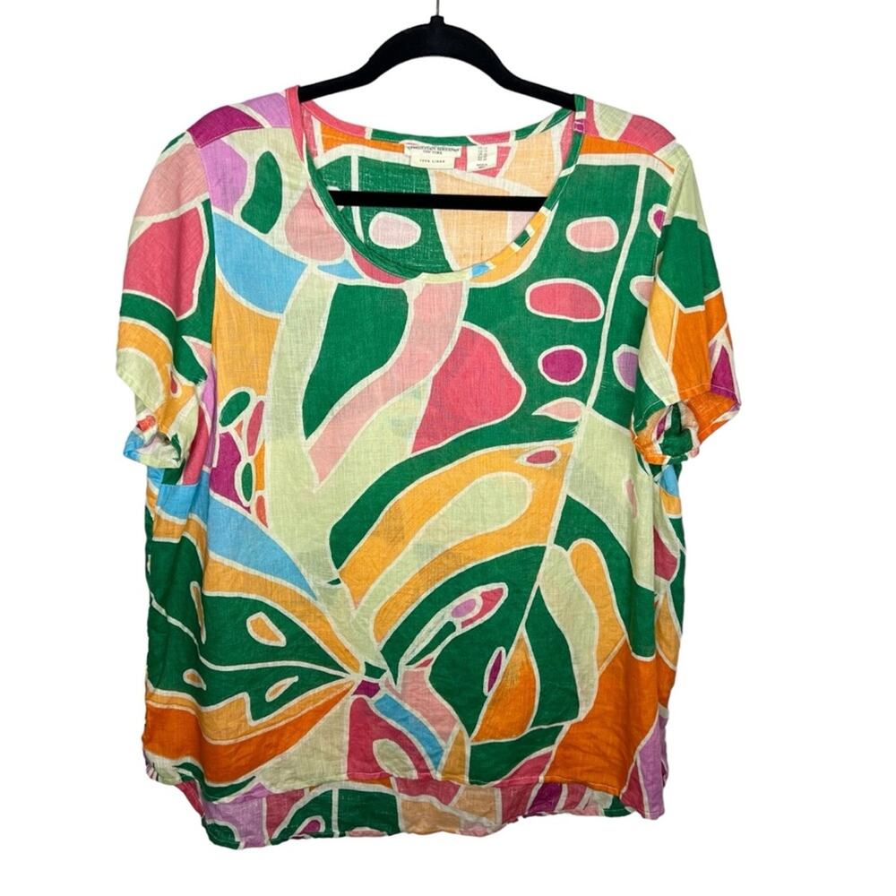 CHRISTIAN SIRIANO / multicolored abstract printed scoop neck 100% linen top / 1X